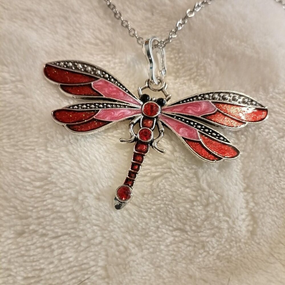 Red Dragonfly Necklace With Silver Chain